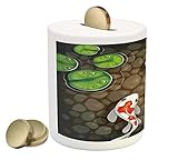Koi FishコインボックスBank by lunarable、Carp Fish in the calm Pond with Large Leaves Animals Wildernessクリア海