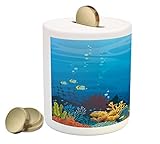 水族館コインボックスBank by lunarable、カラフルなCoral Reef with Fishes and Stone Arch Under the Sea自然シースケープ、印刷セラミック