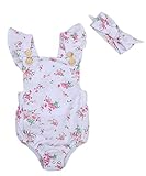 Happyハッピー耳　ロンパース　新生児　女の子　夏　ノースリーブ　花柄　ふわふわ　フライスリーブ　ティアラ付き　可愛い　白　70　80　90　100 (100)