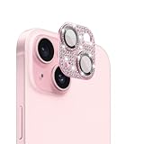 AnnTec iPhone 15 / iPhone 15 Plus 用 カメラフィルム レンズカバー カメラ保護 ラインストーン【アルミ合金縁取り+強化ガラス】 iPhone 15 / iPhone 15 Plus 対応 レンズ全体保護 露出オーバー防止 キラキラ レンズ保護フィルム 携帯電話の装飾 貼り付け簡単 高透過率 【ピンク】