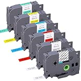 Brother P Touchラベルテープ TZe-231 131 431 531 631 731 12mm 0.47 ラミネートラベルメーカーテープ マルチカラー PT-D210 H110 D220 D410 D600用 6個パック クリア/ホワイト/レッド/ブルー/イエロー/グリーン
