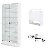 【福袋】【地球家具】フィギュアラック「ワイド」新シリーズセット 幅83cm 奥行29cm 【正規品】[鍵付きコレクションケース] [耐震]（開き戸 ハイタイプ本体+上置きハイタイプ+LED） ホワイト