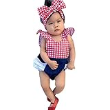 Domybestベビー ロンパース 女の子 ベビー服 ロンパース ヘアバンド 2点セット 可愛い 赤ちゃん ボディスーツ カバーオール 連体服 ジャンプスーツ カジュアル 夏　格子縞　新生児　赤ちゃん