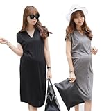 Vネック 前ジッパー スクエアカット 膝丈 授乳服 ワンピース/マタニティ ワンピース【10000108485】 (チャコール(半袖))