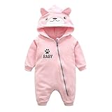 ベビー服　カバーオール　ロンパース　赤ちゃん服　女の子服　フード付き　かわいい　クマ　長袖　春秋　ピンク　ソフト (S)