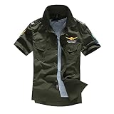 [Nail39] カジュアルシャツ メンズ ゴルフウエア 半袖 シャツ Ｔシャツ ストリート ワッペン アーミー エンブレム 襟付き 普段着 ポケット 夏 重ね着 アウトドア (グリーン 緑、S)