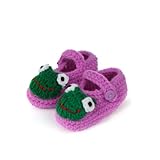 Yuelian 手編みベビ－シューズ グーリンガエル図案 ボタン靴ひも付き (パープル)