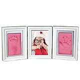 【Angelicate】ベビーの写真と一緒に 手形 足形 を飾る木製折りたたみ フォトフレーム！！ 贈り物 出産祝いにも 白 フレーム 粘土 (ピンク)