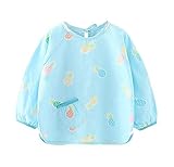 （フルーツ柄）子供防水長袖スモックエプロンよだれかけ1枚 青、0歳から2歳