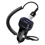 車 充電器 iphone カーチャージャー USB シガーソケット 4.8A コイルライトニングケーブル 【USB-A 2ポート/12V-24V車対応/CarPlay対応】 Haoano アイフォン充電器 車用 カールコード 車載充電器 カー用品iPhone 14 Pro Max/13/12/11/XS/SE/8/iPad Mini/Air 対応