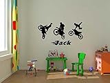 Personalizedビニール壁ステッカーオートバイモトクロスTrio of Bikes Plus名前壁デカール子供部屋decoration-you Choose color-9072