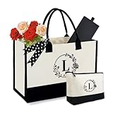 BeeGreen キャンバストートバッグ メイクアップバッグ付き, ホワイト/ブラック, 2XL, ローズ L