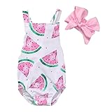 PER ベビーカバーオール　ベビー服　ヘッドバンド付き　スイカプリント　綿　柔らかい　通気性　快適　撮影用　女の子　幼児 (90cm)