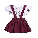 2本の赤ちゃんの女の子の花プリント幸運な太陽ロンパースジャンプスーツストラップスカートの服装セット (80, ワイン)