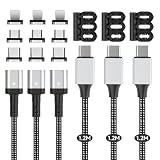 SUNTAIHO マグネット-充電ケーブル USB-C 3A急速充電 【1.2M3本 9個磁気端子】 磁気ケーブル データ転送 Type-C/USB-B/Ligting 充電 USBマグネット充電コード Type-C、MicroUSB、US-B L 磁石 防塵 着脱式 For i0S Android US-B Magnetic Charging Cable 銀黒色 LED付き- SYCX-003