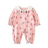 Feidoog　ベビー服 長袖 ロンパース 前開き スナップボタン カバーオール 赤ちゃん 女の子 襟 春秋冬 パジャマ 綿 可愛い プレゼント イチゴ ピンク 73
