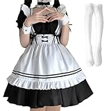 [Harsever] メイド服,コスプレ制服 可愛い服 メイド服 コスプレ半袖 かわいい 7点セットメイドカフェー 女装 ハロウィン仮装 ウェイトレス (ブラック＆ホワイト, S)