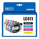 Aseker互換LC411 LC411-4PKインク(番号区別は不要)大容量ブラザー用LC411 4色カラー対応Brother DCP-J526N DCP-J926N DCP-J928N DCP-J914N MFC-J904N MFC-J739DN MFC-J939DN DCP-J1800NプリンタLC411BK LC411C LC411M LC411Y