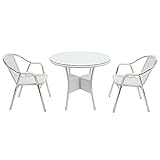 人工ラタンチェア2脚 丸テーブル1台 3点セット 強化ガラス ホワイト 籐 肘掛けカバー付き 家具 ファニチャー インテリア スタッキングチェア リビング chair 椅子 南国 アジアン バリ風 リ