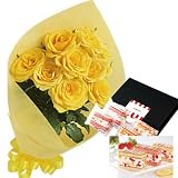 花とスイーツ ギフトセット エレガント イエロー バラ　花束 と アマンドクリームケーキ