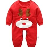 Elfin Parkベビー 赤 長袖 コットン ロンパース 男の子 女の子 トナカイ カバーオール クリスマス プレゼント レッド80
