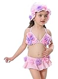 HIMOE 水着 ベビー 女の子 ビキニ風 花付き キッズミズギ スイミング スクール水着 スイムウエア UVカット (Lサイズ(身長：85-95cm), ピンク(スイムキャップ付き))