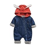 Cozy Maker（C&M）ロンパース デニム カバーオール 赤ちゃん 長袖 歩行服 男女兼用 ジャンプスーツ 出産祝い プレゼント 柔らかい 可愛い アウター 暖かい 無地 フード付き 耳付き (