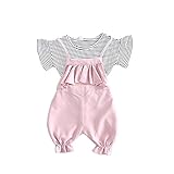 ベイビー服 Ｔシャツ 夏 女の子 Pojour 1-6歳子供かわいいストライプオーバーオール 2セット 綿 通気 ピンク(90cm)
