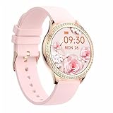 JUSUTEK 2025 革新 レディーススマートウォッチ通話機能付き 女性ダイヤ丸型可爱腕時計，Bluetooth5.1，女性機能，多機能運動，IP67防水，DIY文字盤，歩数計,リモコン撮影、音楽制御，ストップウォッチ、カウントダウン,着信電話,Line通知,iphone&Android対応，お贈り物,日本語説明書 (金)