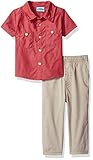 BON BEBE Baby Boys' 2 Piece Shortsleeve Collared Button Front Shirt With Woven Pant Rustic Red 24 Mo