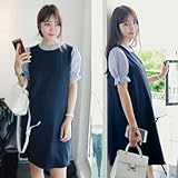 襟＆袖ストライプ パフスリーブ 袖口フリル 授乳服ワンピース【170000100124】 (半袖, ネイビー)