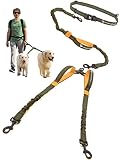 ペットドリームランドハンズフリーリーシュ - 1/2中型から大型犬用（最大150ポンド） - ランニング/ハイキング/犬の訓練 - ヘビーデューティーエクストラロングバンジーリード - 犬用ウエストリーシュ（2匹の犬、カーキ＆オレンジ）