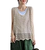 [Qian qian] ベスト レディース Vネック 透かし編み 刺繍 ニットベスト ノースリーブ 花柄 ニット トップス きれいめ カジュアル 透かし レトロ 編み風 着瘦せ 通気 チョッキ 通勤(ベージュ)