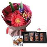 花とスイーツ ギフトセット かわいいレッド バラ ミックス花束　と　アマンド　六本木ケーキ 写真入り・名入れメッセージカード