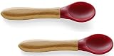 Magenta. Baby Toddler Infant Feeding Spoon. Silicone & Bamboo. Soft Teether. 2 Spoons for gentle gum