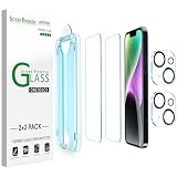 amFilm (2+2枚パック) OneTouch iPhone 14 Plus 6.7対応 強化ガラススクリーンプロテクターとカメラレンズプロテクター 端から端までフルカバー 簡単な取り付けキット付き