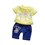 夏Ｔシャツ+パンツ 女の子の服 男女兼用 2セット Pojour 1-6歳キッズ用 子供かわいいバルーンＴシャツ 綿 通気 黄色(100cm)