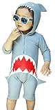 ベビー キッズ 水着 男の子 UVカット ラッシュガード 長袖 短パンつなぎ 帽子付き S 85-95cm 鮫・サメ