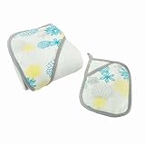 LAT LEE AND TOWN ベビーフード付きテリータオルとウォッシュクロスセット 76x76cm 綿100％ ご出産お祝いやお誕生日プレゼントなどに (入浴手袋付き・ブルー花)