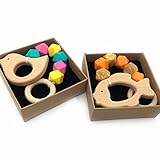Kissteether 2pcs ベビーテザーカスタムオーガニック木製の動物は、遊ぶジムおもちゃ赤ちゃん歯があるおもちゃシリコーンテイザー BPA無料DIY赤ちゃん歯があるおもちゃ (色 2)