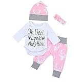 (プタス)Putars ベビー服 子供服 ロンパース 上下セット 女の子 長袖 鹿柄 OH DEER帽子付き 可愛い 秋 冬 新生児 歩行服 出産お祝い 記念日 プレゼント 0-24ヶ月