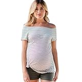 HUYB妊娠中　女性 ストライプ　一字襟　Ｔシャツ　ストラップレス 半袖 ロングトップス　おしゃれ　快適　マタニティ服レディース (S, 白色)