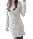 （Galette des Rois）c17r レディース ワンピース チュニック ニット ケーブル編み 長袖 Vネック 無地 ルームウェア セーター トップス c17r (フリーサイズ, オフホワイト