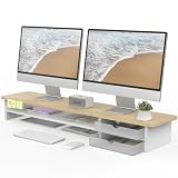 Fenge モニター台 卓上 モニタースタンド パソコン台 机上 2段 108cm 木製天板 アクリル製引き出し ディスプレイ台 机上ラックpc台 卓上収納 (オーク&白)