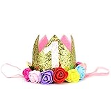Huele Baby Girls Glitterゴールドプリンセスクラウン最初誕生日帽子ヘアアクセサリーwith人工ローズフラワー