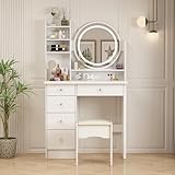 Timechee ドレッサー 幅80cm コンパクト テーブル ライト付き 大容量収納力 女優ミラー 鏡台 化粧台 スツール付き 姫系 かわいい 引き出し5杯 (ホワイト, ライト付き)