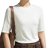[YUMISS] 5分袖Tシャツ レディース 半袖 春 夏 【二の腕細見え・抜け感溢れた】 Tシャツ トップス 無地 丸首 柔らかい 通気 透けにくい おしゃれ シンプル カジュアル 通勤 オフィス インナー カットソー (JP, アルファベット, M, ホワイト)