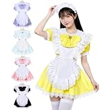 [Formemory] メイド服 コスプレ 5点セット アニメ 魔法少女 魔法 メイド 定番 ショート丈 萌え 可愛い レース ロリータ ワンピース レディース メンズ 大きいサイズ コスチューム ハロウィン 仮装 クリスマス 人気 学園祭 コンカフェ 喫茶店 撮影 5色(イエロー, L)