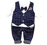【Marchen Rose】フォーマル スーツ 男の子 ベビー ボーイズ 長袖 3点 セット 蝶ネクタイ 子供服 七五三 結婚式 発表会 入園式 入学式 (80, ベスト（ネイビー）)