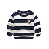 PANCY 子供服 春秋 長袖 Tシャツ キッズ トレーナー 丸い襟 男の子 女の子 シンプル ストライプ 縞柄 刺繍(ネイビー,90cm)